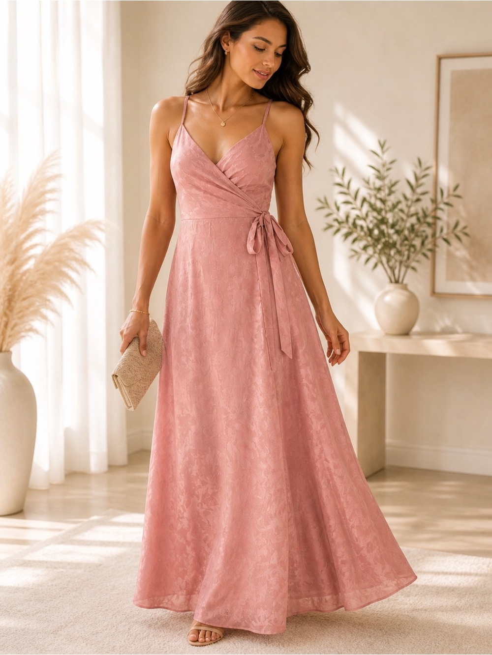 Hutch Alden Blush Pink Jacquard Wrap Maxi Dress M Anthropologie Wedding Guest